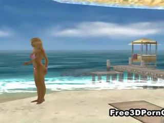 Hot 3D cartoon blonde masturbating on the beach