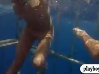 Sexy Babes Swam In Shark Cage And Snowboarding Topless