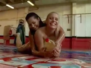 Oiled girls fighting and having hot sex