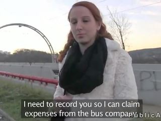 Redhead suck dick in faketaxi in public