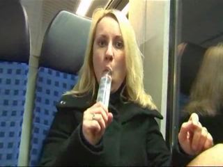 German slut masturbates and fucked on a train